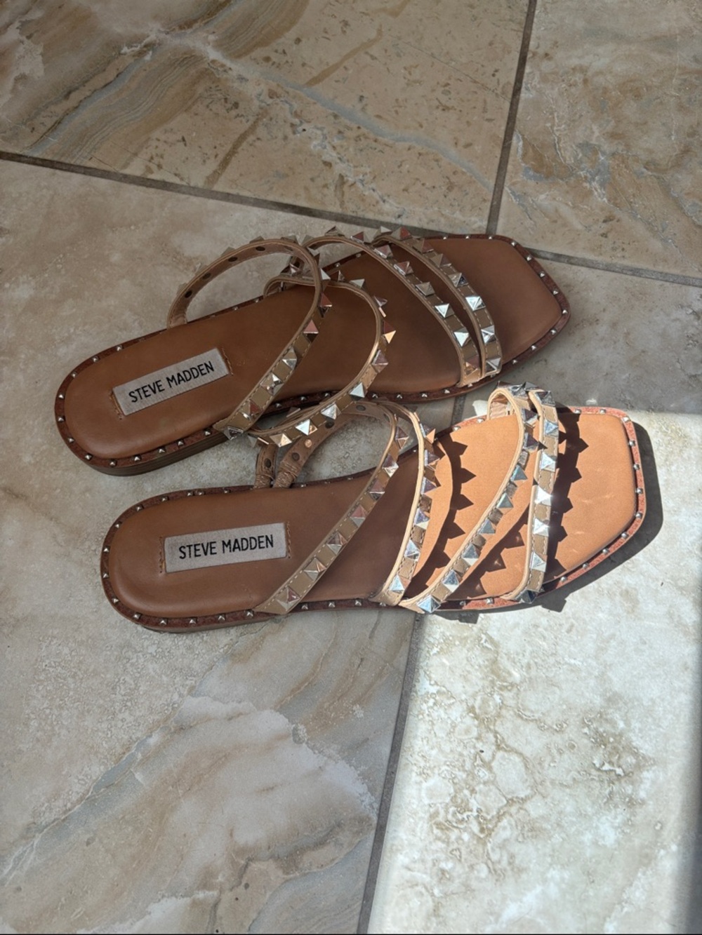 Steve Madden Tan Pyramid Stud Slide Sandals